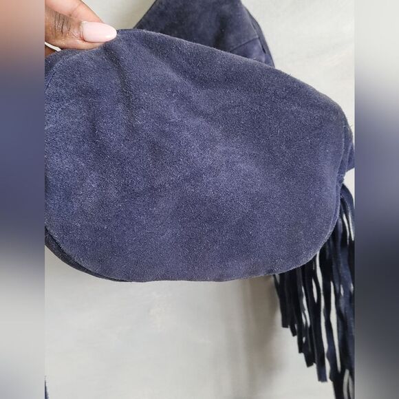 Ecote Blue Suede Side Fringe Cow Leather Bucket Sling Bag - Picture 10 of 15